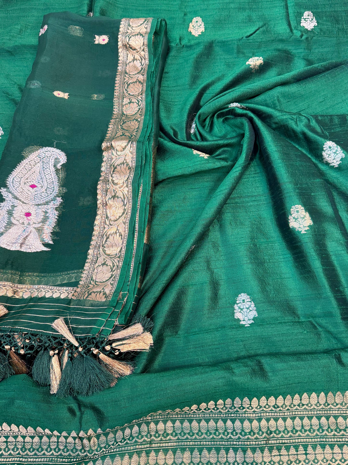 Handwoven Bottle Green Colour Raw Silk Suit Set