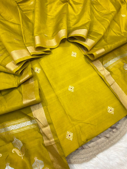 Pure Chinya Silk Olive Yellow Colour Suit Set