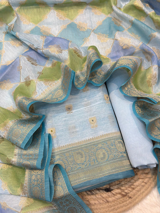 Sky Blue Colour Linen Silk Suit Set