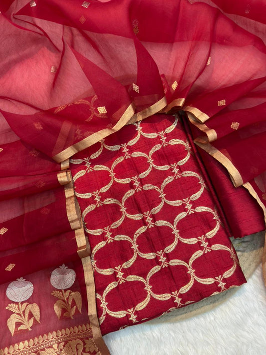 Red Colour Raw Silk Suit set