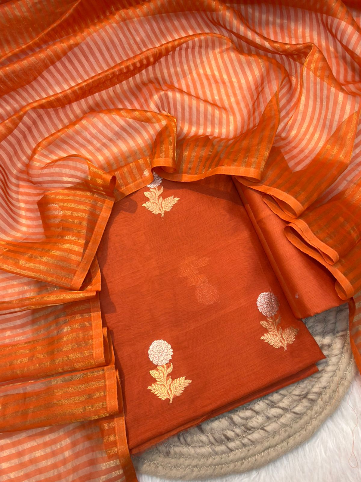 Orange Colour Chanderi Silk Suit Set
