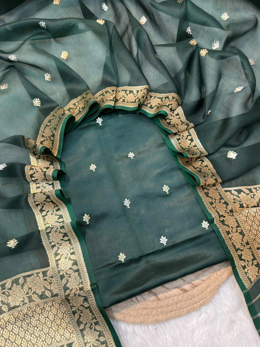 Bottle Green Colour Raw Silk suit Set