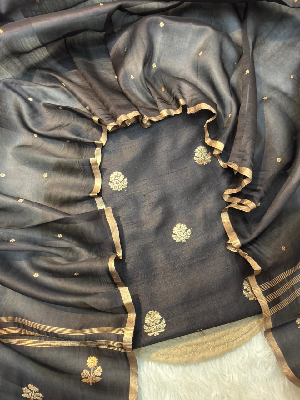 Black Colour Raw Silk Suit Set