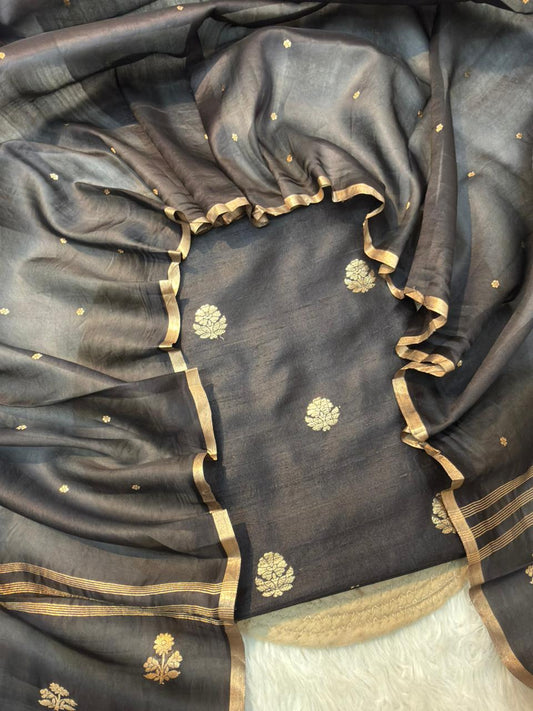 Black Colour Raw Silk Suit Set