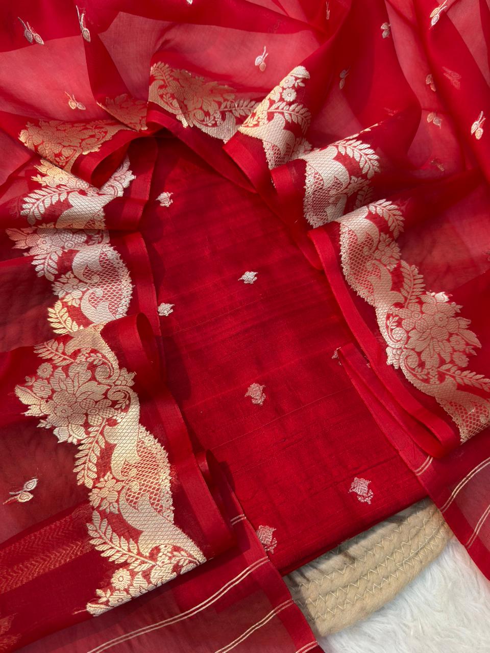 Red Colour Raw Silk Suit Set