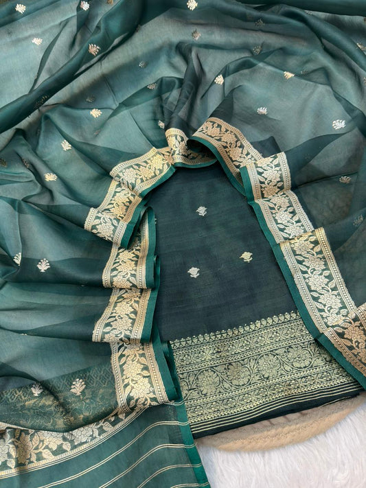 Bottle Green Colour Raw Silk Suit Set