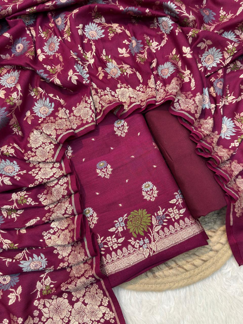 Maroon Colour Pure Munga Silk Suit Set
