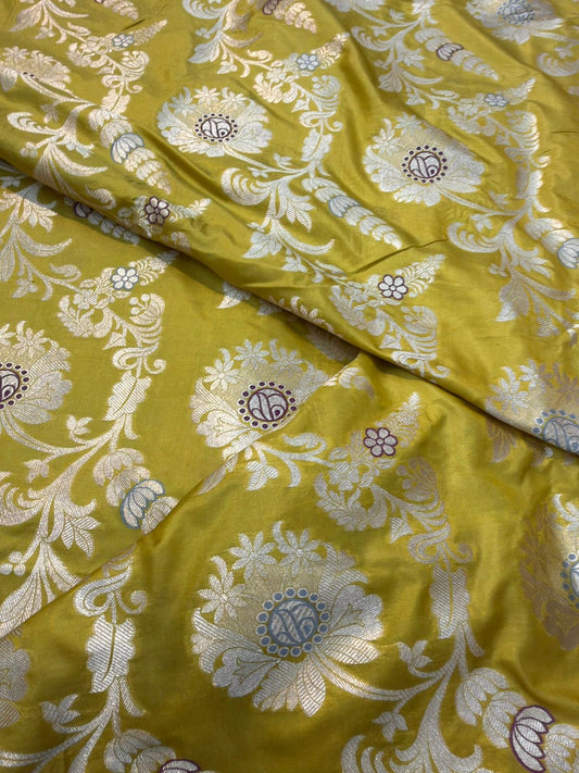 Pure Banarasi Brocade Olive Yellow Colour Fabrics