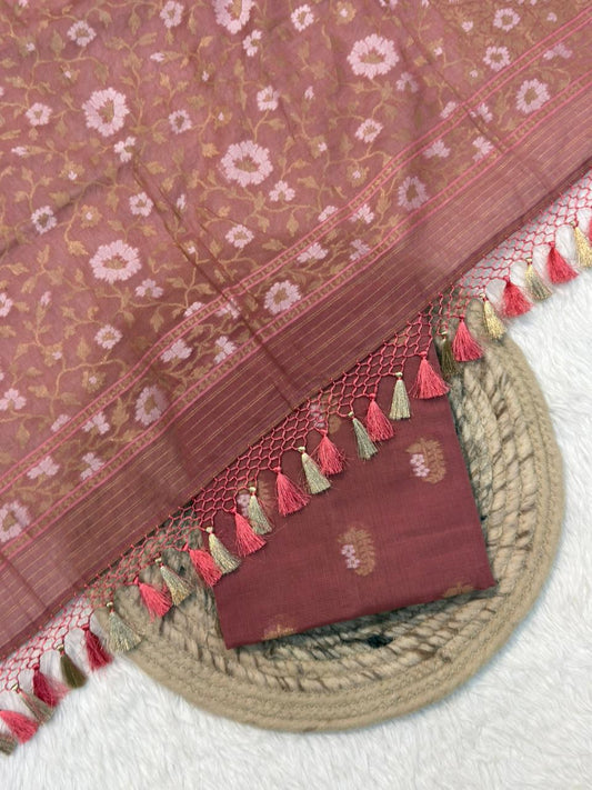 Handwoven Pure Cotton Jamdani Silk Dark Onion Suit Set