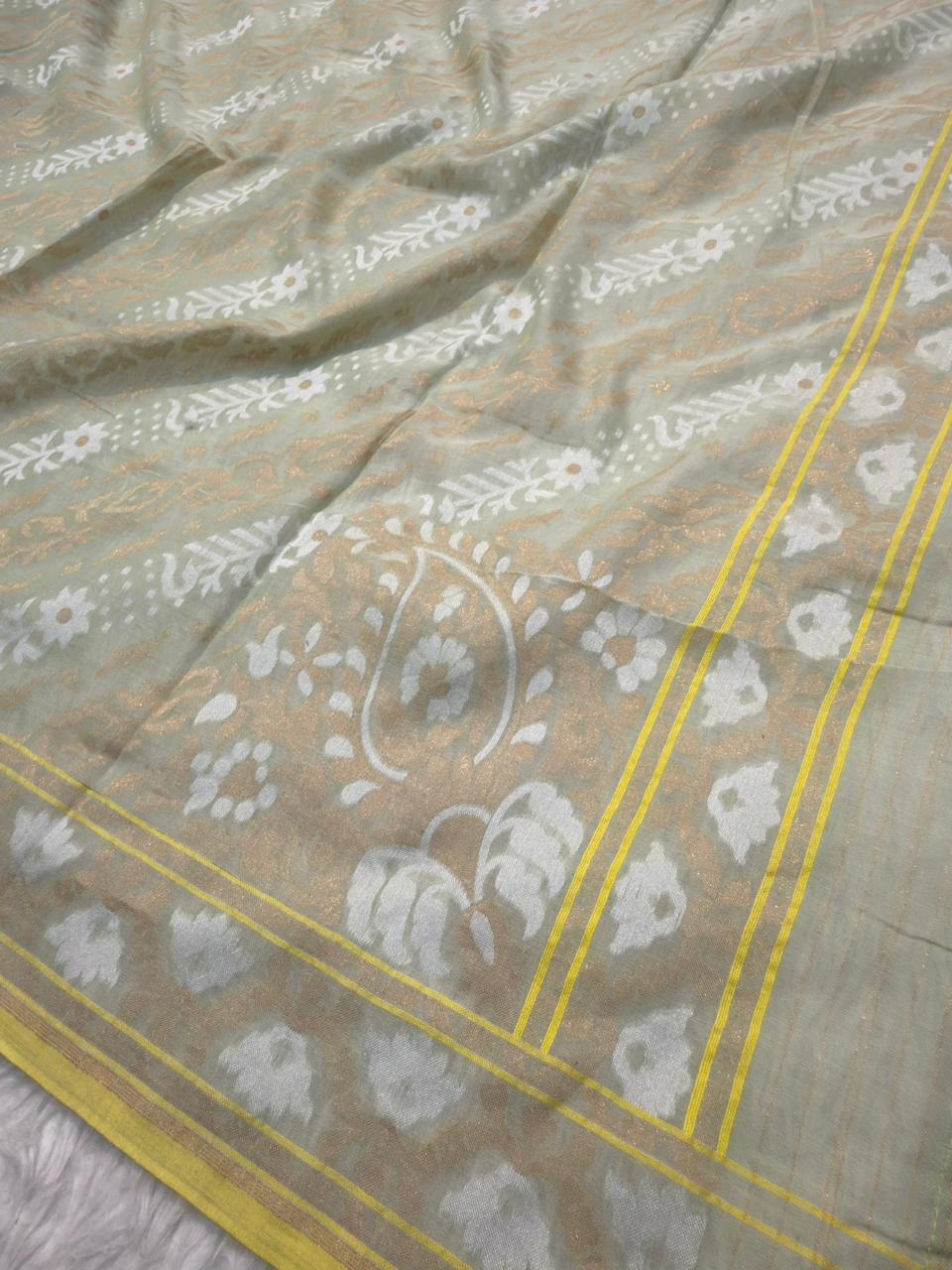 Handwoven Pure Jamdani Silk Sage Green Colour Suit Set