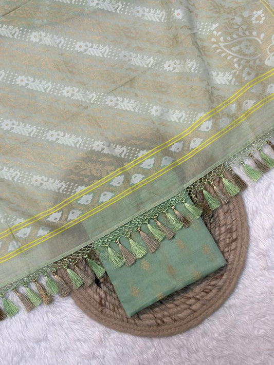 Handwoven Pure Jamdani Silk Sage Green Colour Suit Set