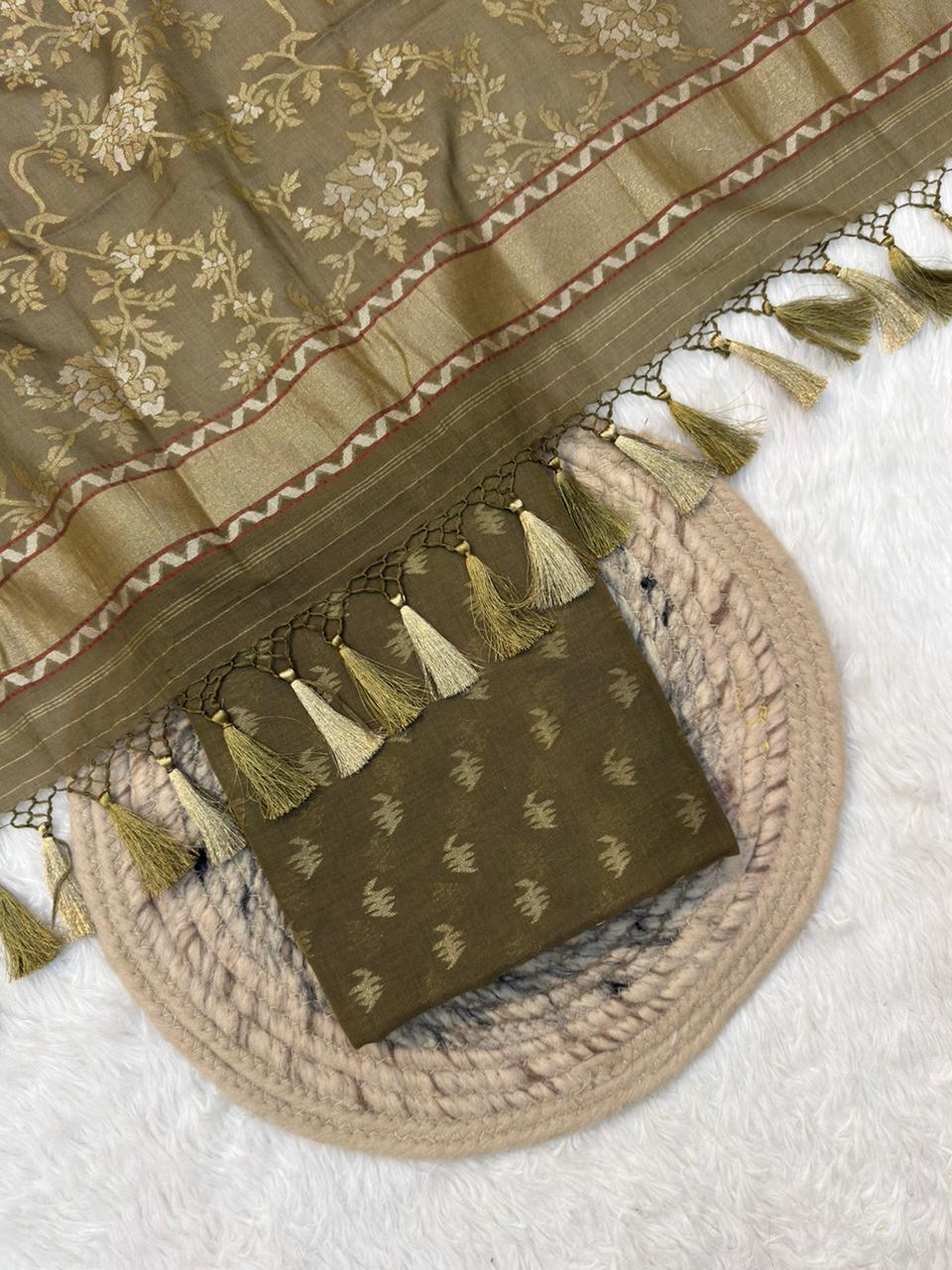 Handwoven Pure Jamdani Silk Olive Green Colour Suit Set