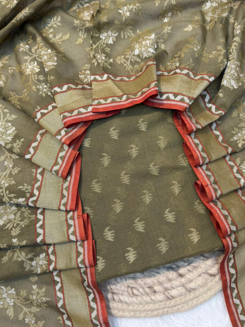 Handwoven Pure Jamdani Silk Olive Green Colour Suit Set