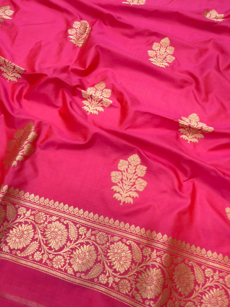 Handwoven Pure Katan Silk Fuchia Pink Colour Suit Set
