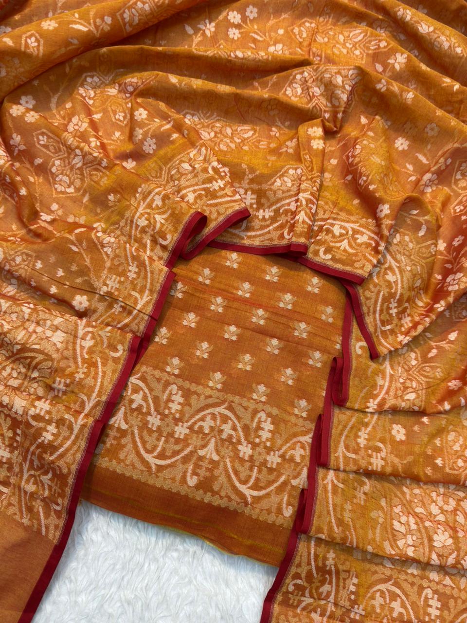 Handwoven Pure Cotton Jamdani Silk Fanta Orange Colour Suit Set