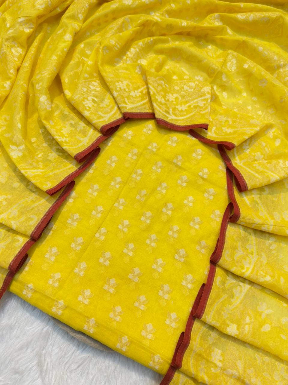 Handwoven Pure Cotton Jamdani Silk Yellow Colour Suit Set
