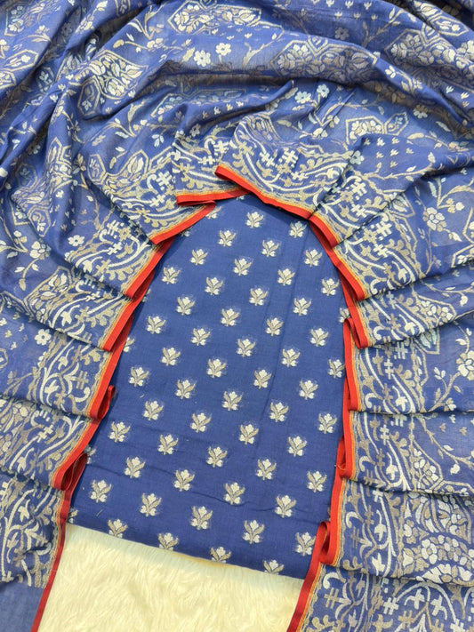 Handwoven Pure Cotton Jamdani Silk Blue Colour Suit Set
