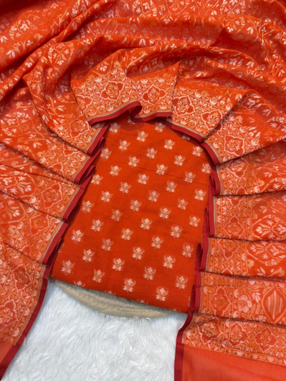 Handwoven Pure Cotton Jamdani Silk Rust Orange Colour Suit Set