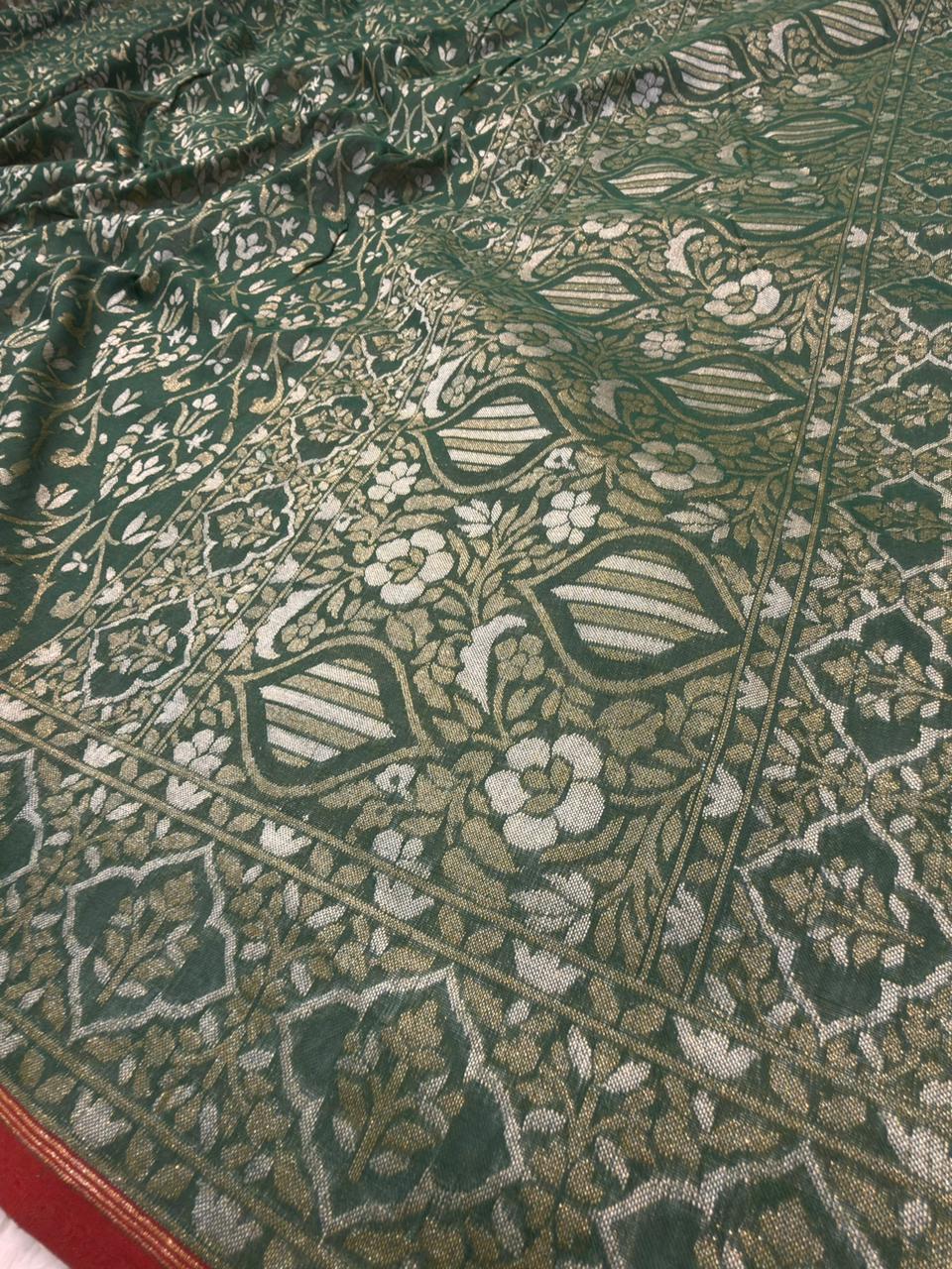 Handwoven Pure Cotton Jamdani Silk Forest Green Colour Suit Set