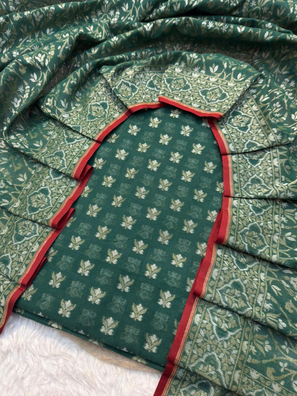 Handwoven Pure Cotton Jamdani Silk Forest Green Colour Suit Set