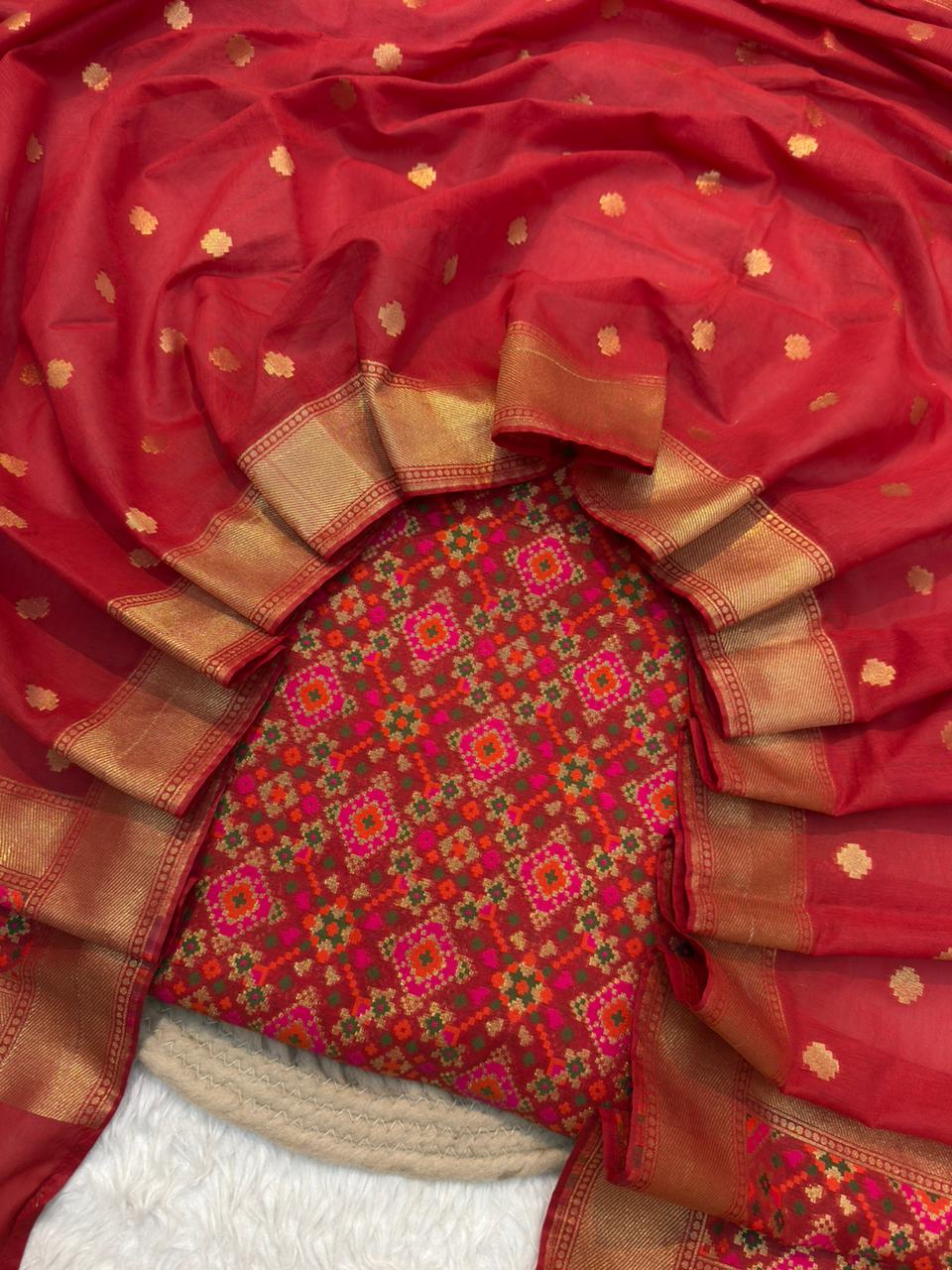 Patola Design Red Colour Chanderi Silk Suit Set