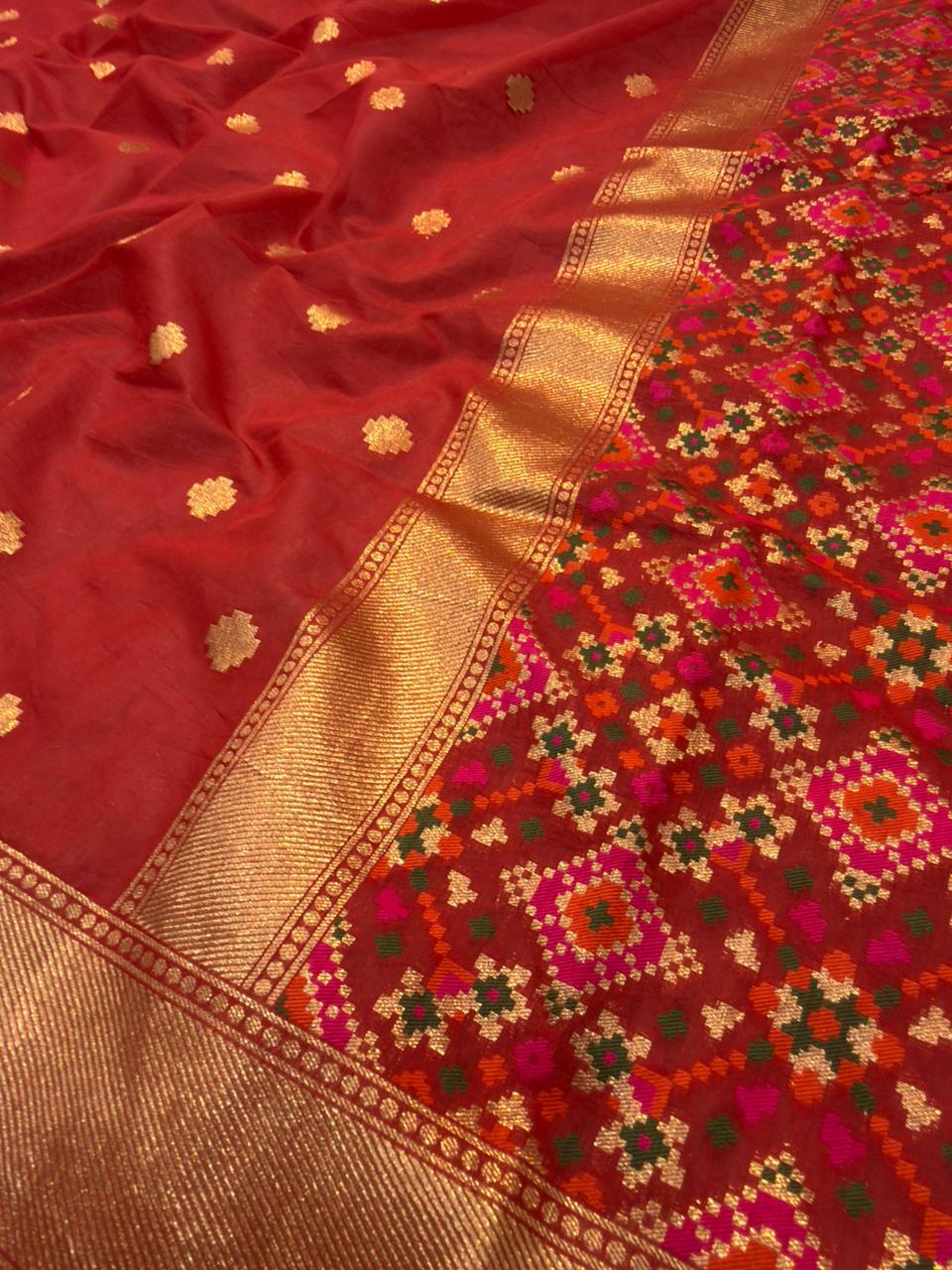 Patola Design Red Colour Chanderi Silk Suit Set