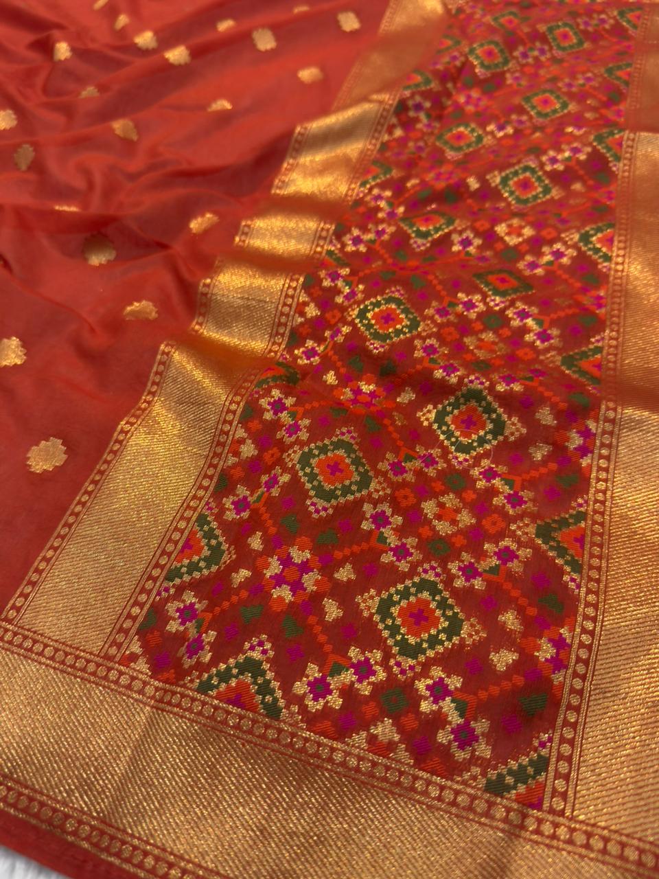 Patola Design Rust Orange Colour Chanderi Silk Suit Set