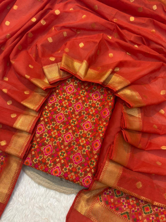 Patola Design Rust Orange Colour Chanderi Silk Suit Set