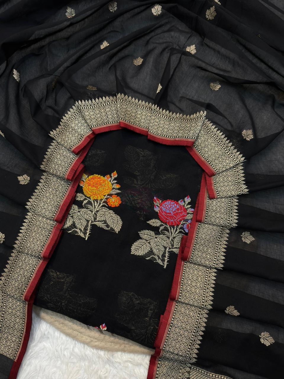 Handwoven Pure Cotton Jamdani Silk Black Colour Suit Set