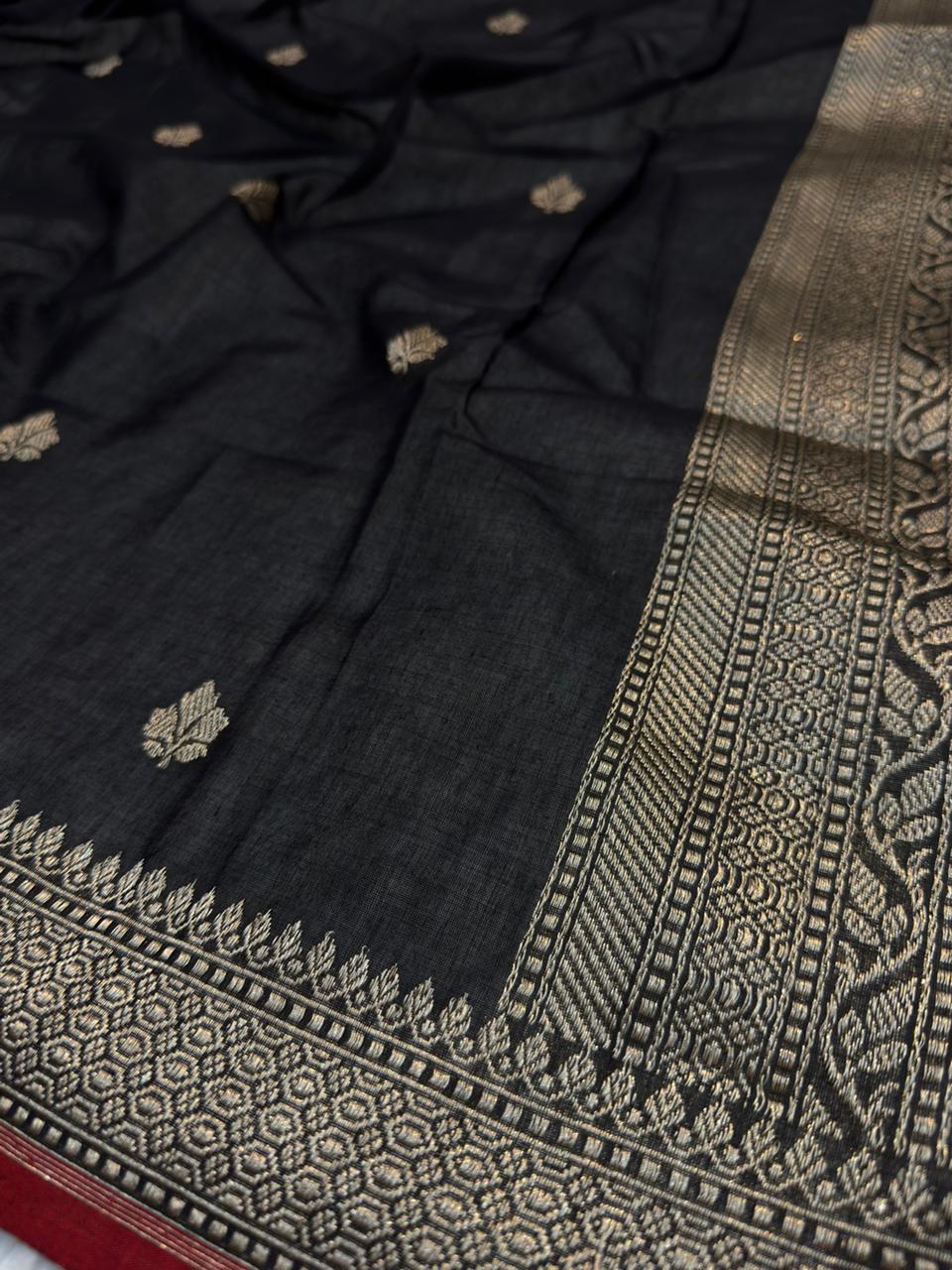 Handwoven Pure Cotton Jamdani Silk Black Colour Suit Set