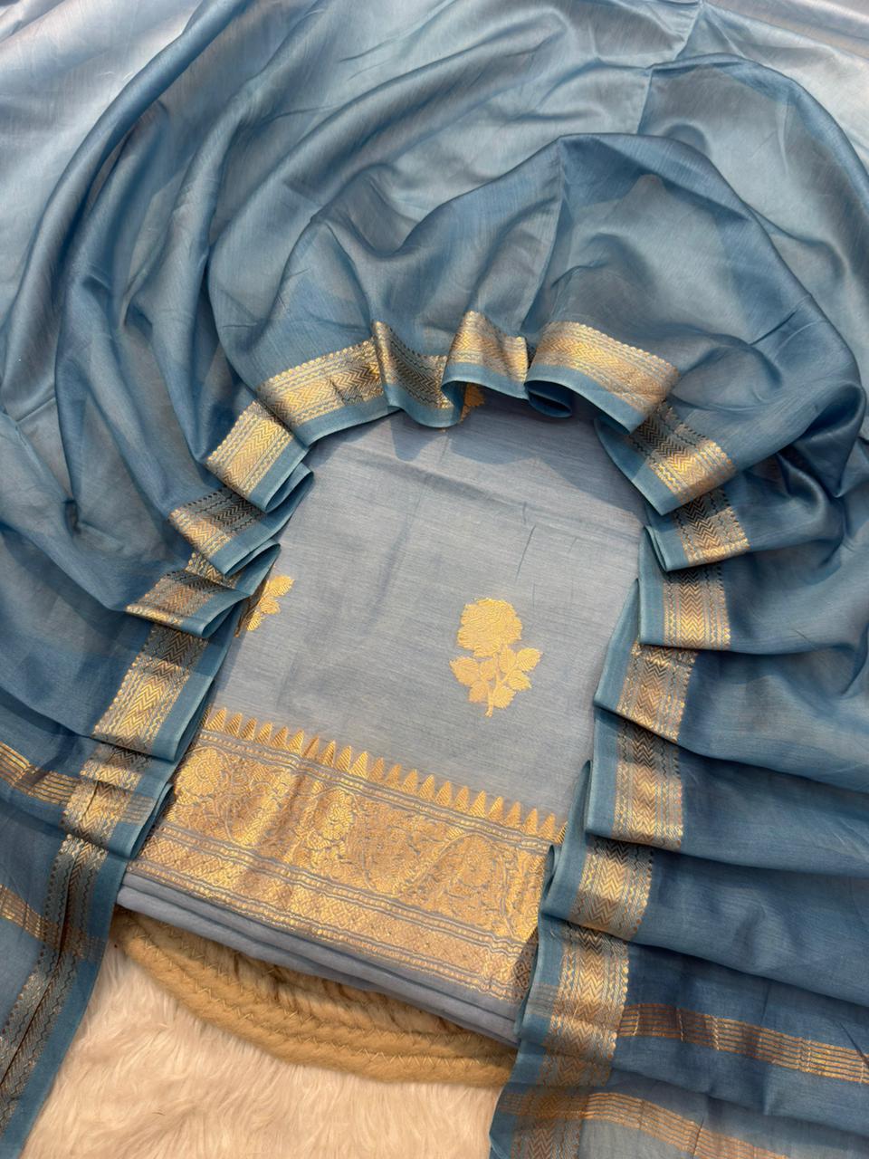 Handwoven Powder Blue Colour Chanderi Silk Suit Set