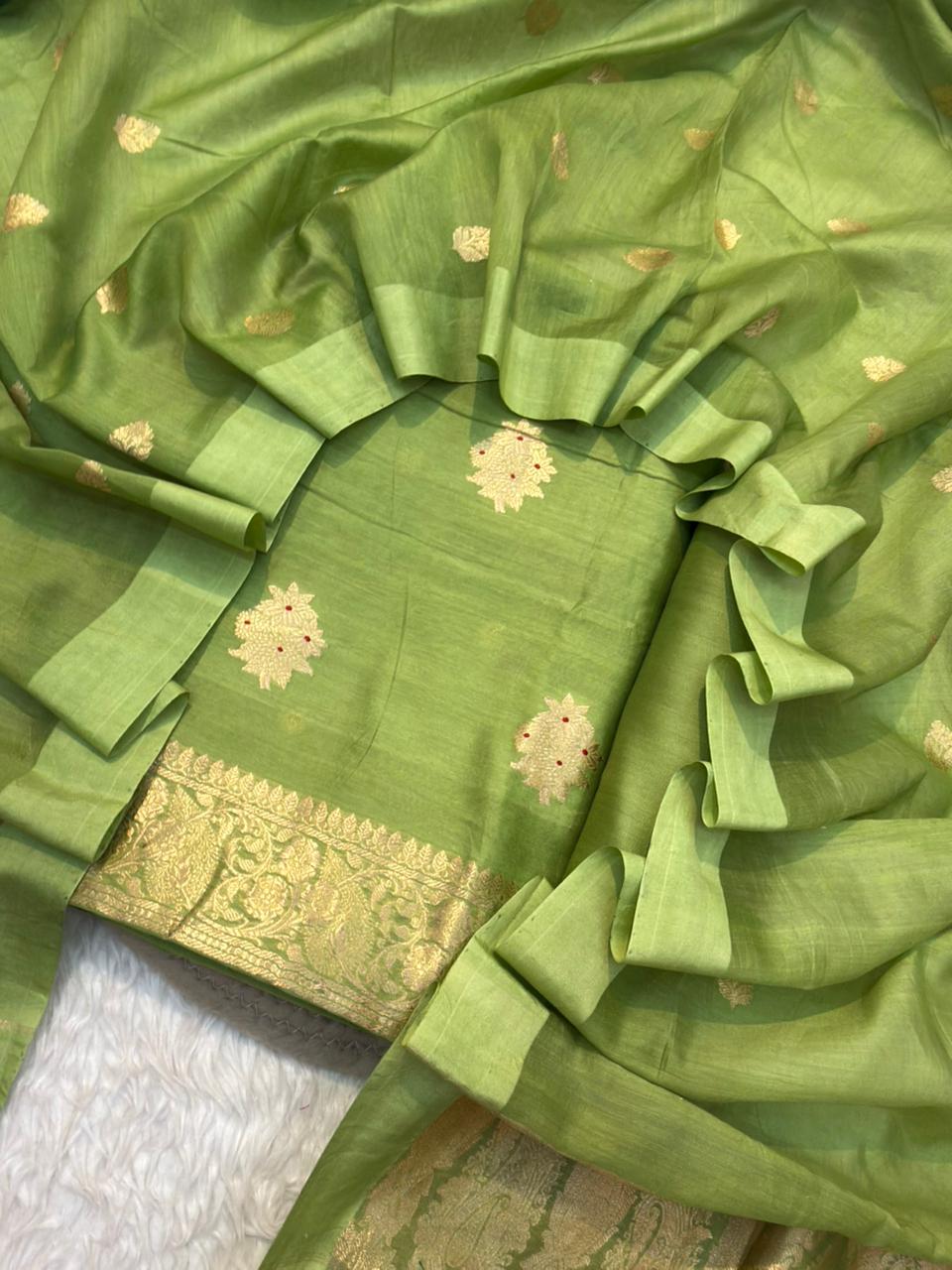 Handwoven Apple Green Colour Chanderi Silk Suit Set
