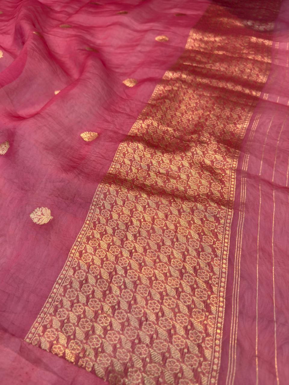 Handwoven Strawberry Colour Organza Silk Suit Set