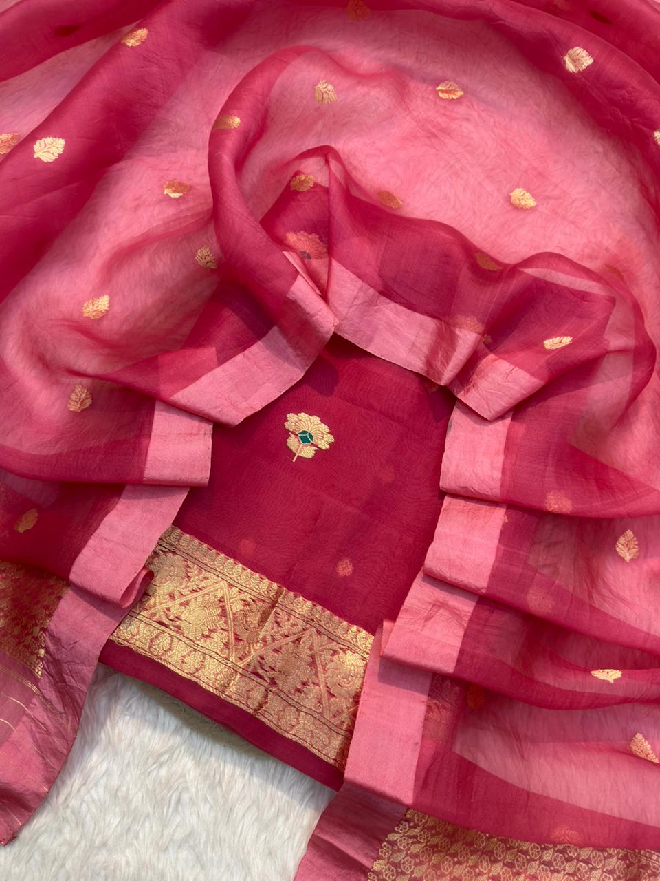 Handwoven Strawberry Colour Organza Silk Suit Set