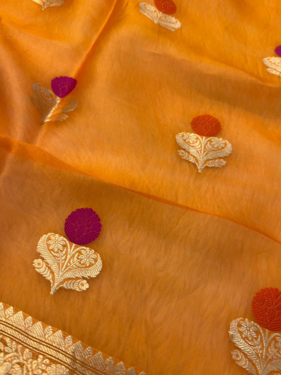 Handwoven Rust Orange Colour Organza Silk Suit Set