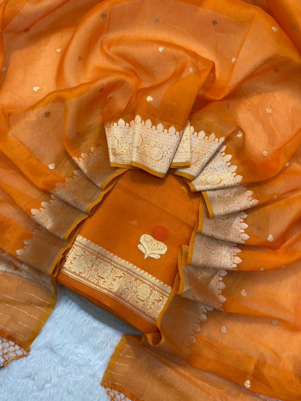 Handwoven Rust Orange Colour Organza Silk Suit Set