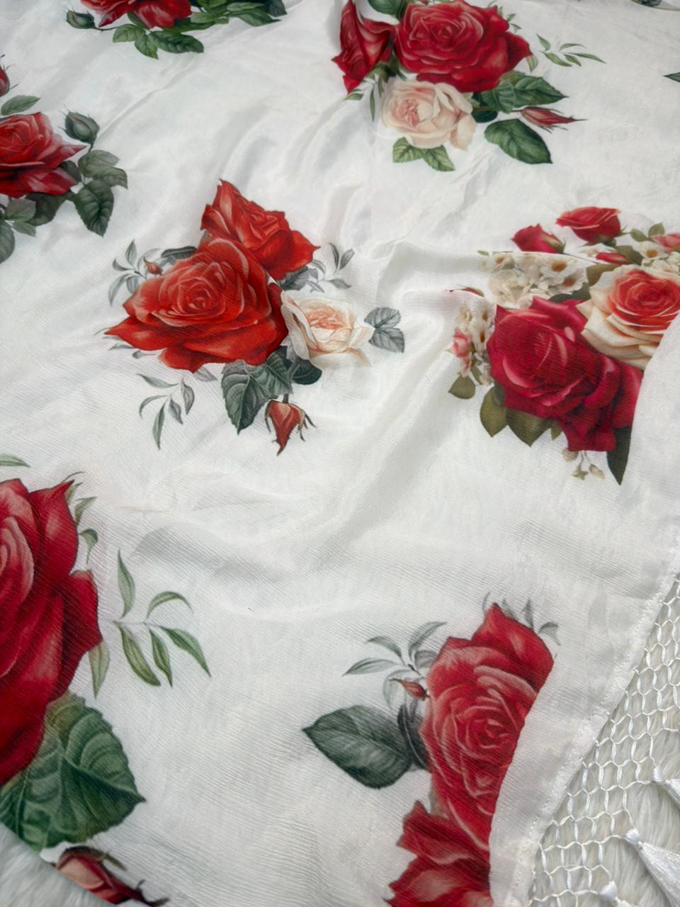 White Colour Print Crape Silk Suit Set