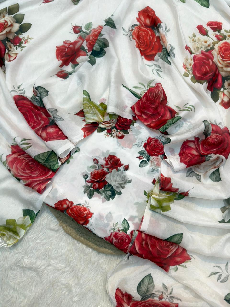 White Colour Print Crape Silk Suit Set