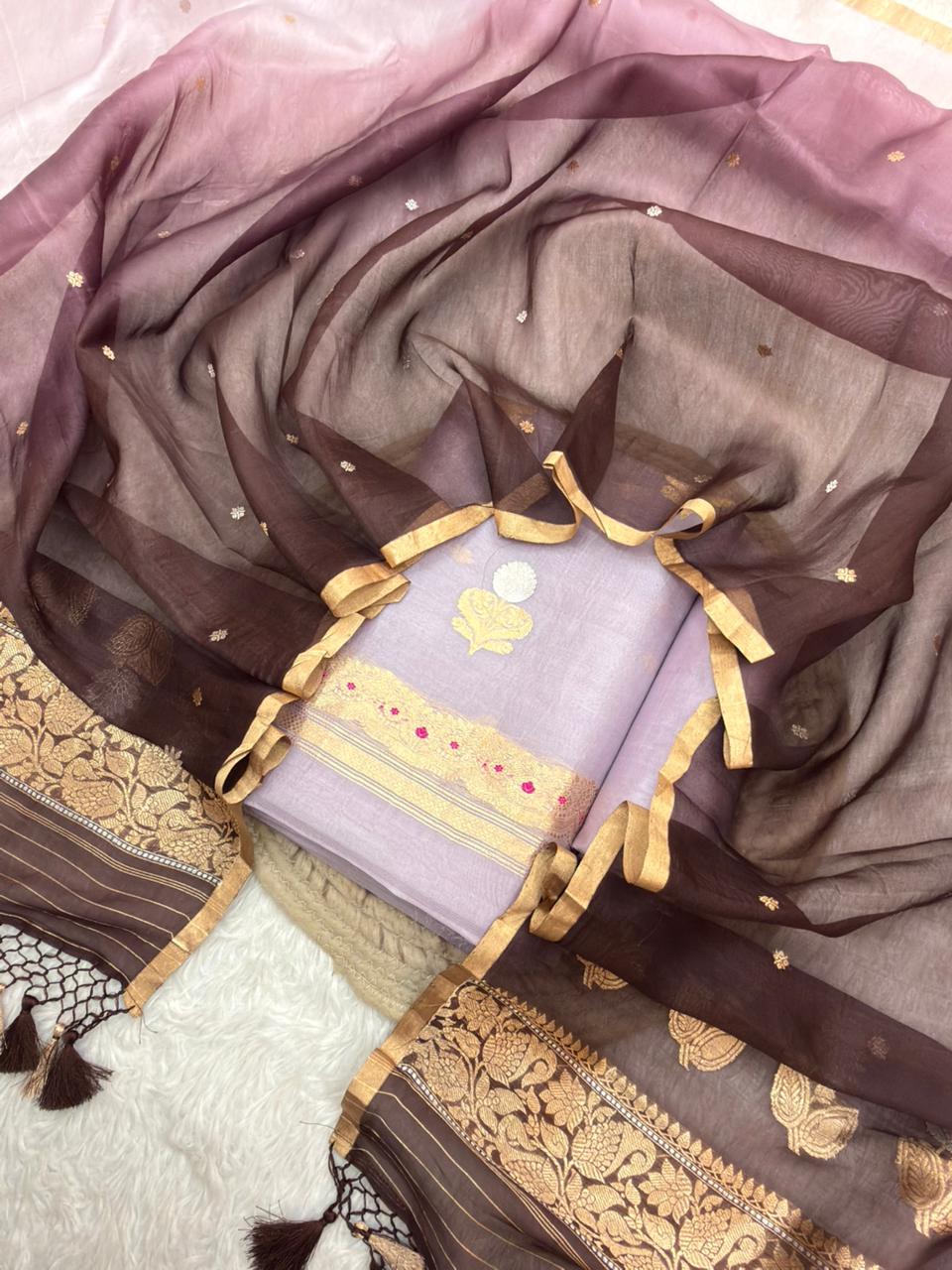 Handwoven Lavender Colour Pure Organza Silk Suit Set