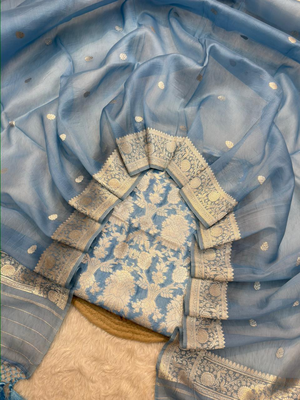 Handwoven Pure Katan Silk Powder Blue Colour Suit Set