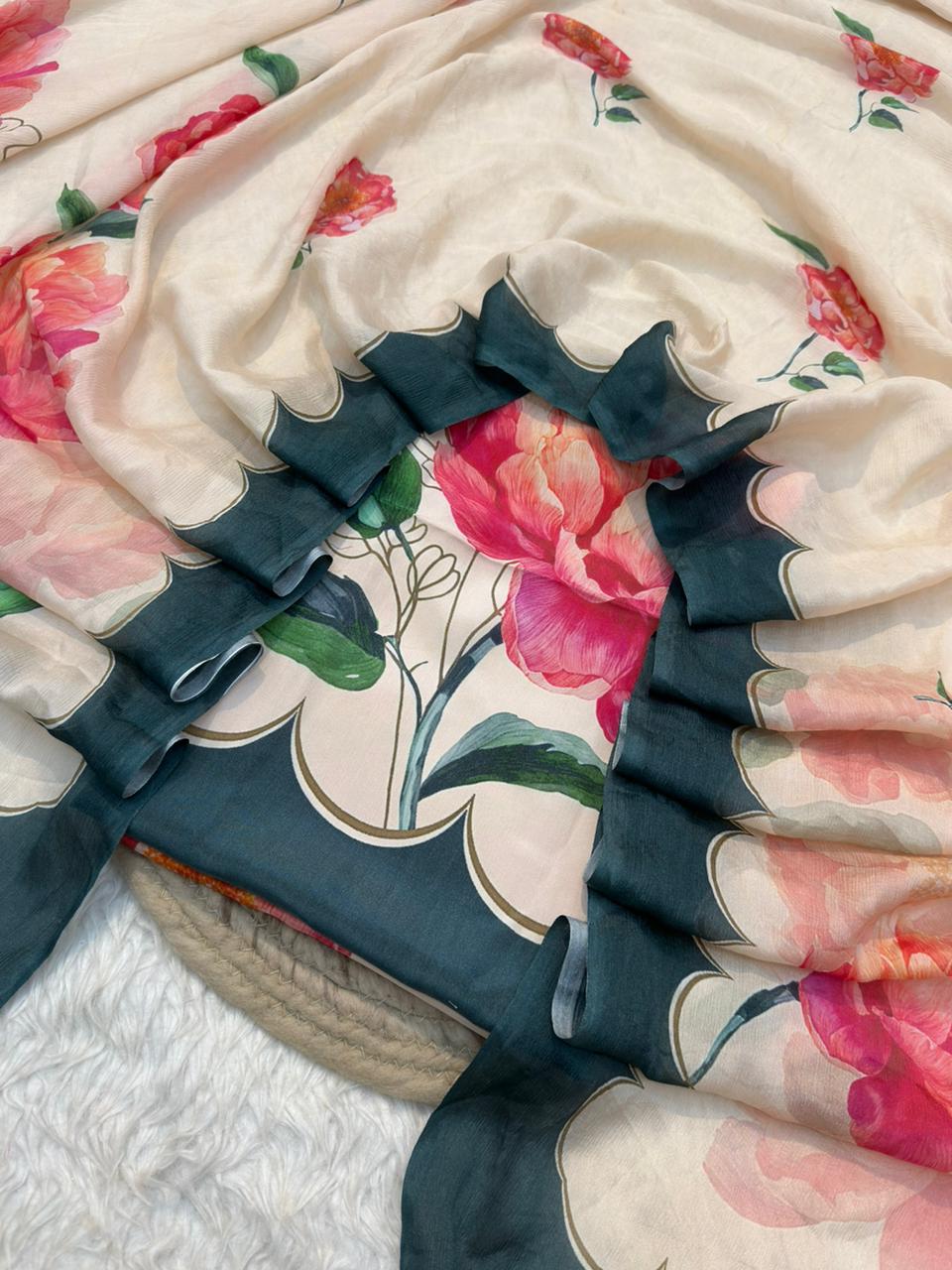 Cream Colour Print Crape Silk Suit Set