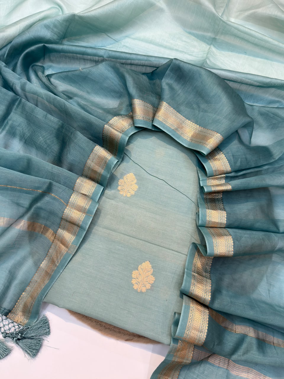 Handwoven Powder Blue Colour Chanderi Silk Suit Set