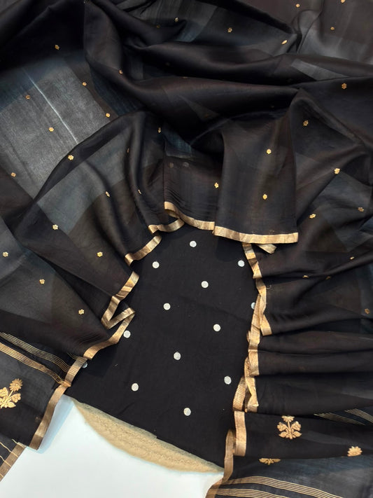 Handwoven Black Colour Pure Chinya Silk Suit Set