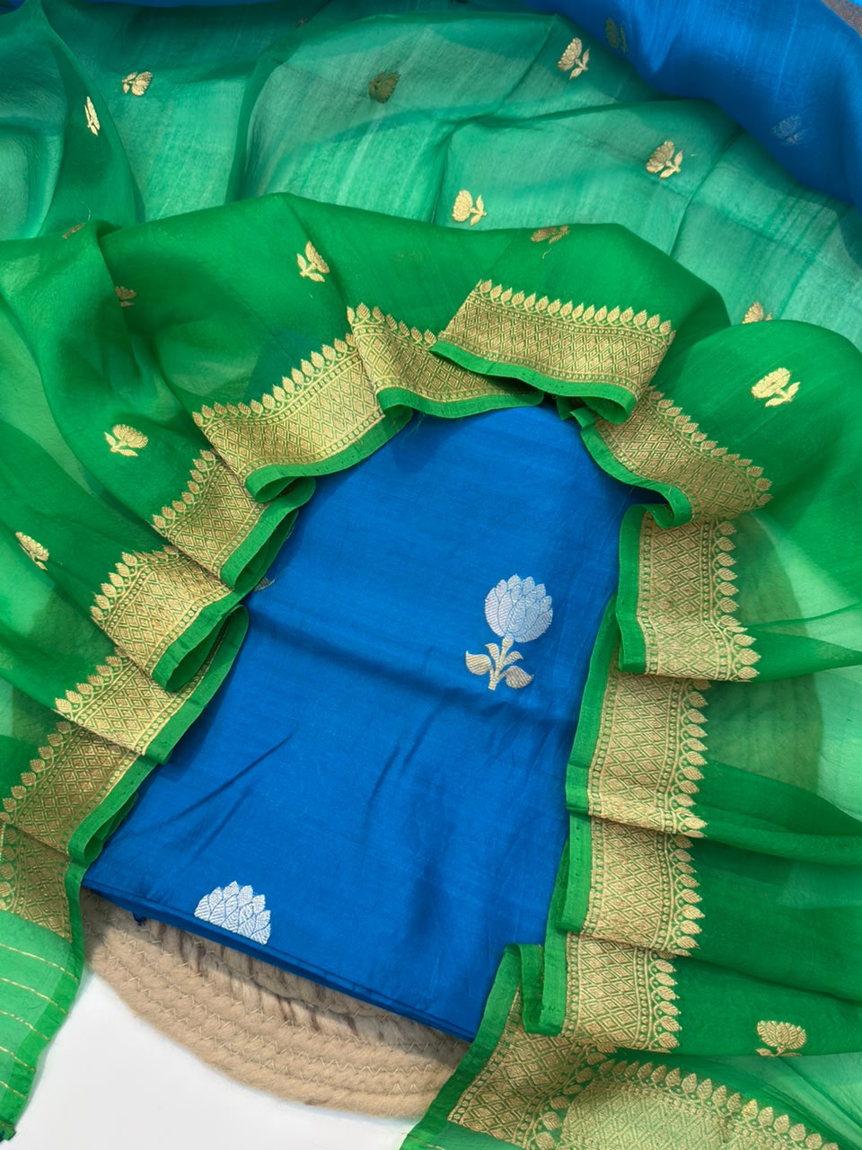 Handwoven Blue Colour Pure Chinya Silk Suit Set