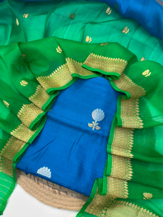 Handwoven Blue Colour Pure Chinya Silk Suit Set