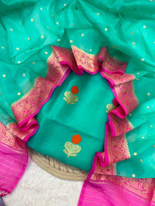 Handwoven Sea Green Colour Pure Oragnza Silk Suit Set