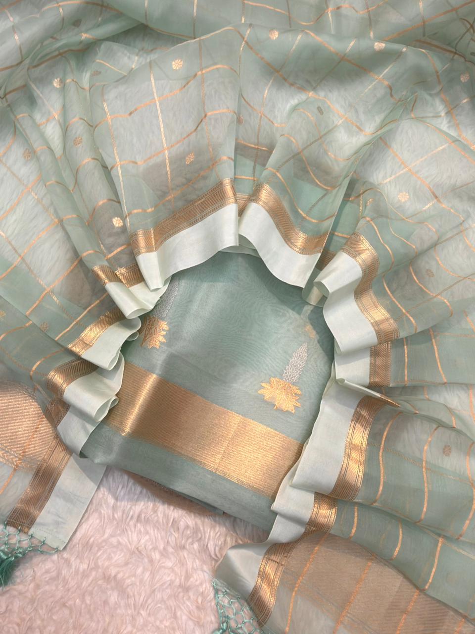 Handwoven Ocean Green Colour Pure Organza Silk Suit Set