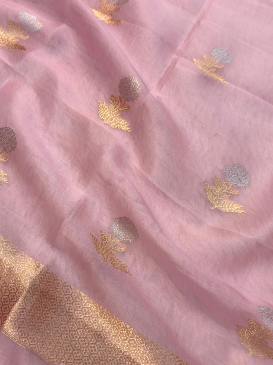 Handwoven Baby Pink Colour Pure Organza Silk Suit Set