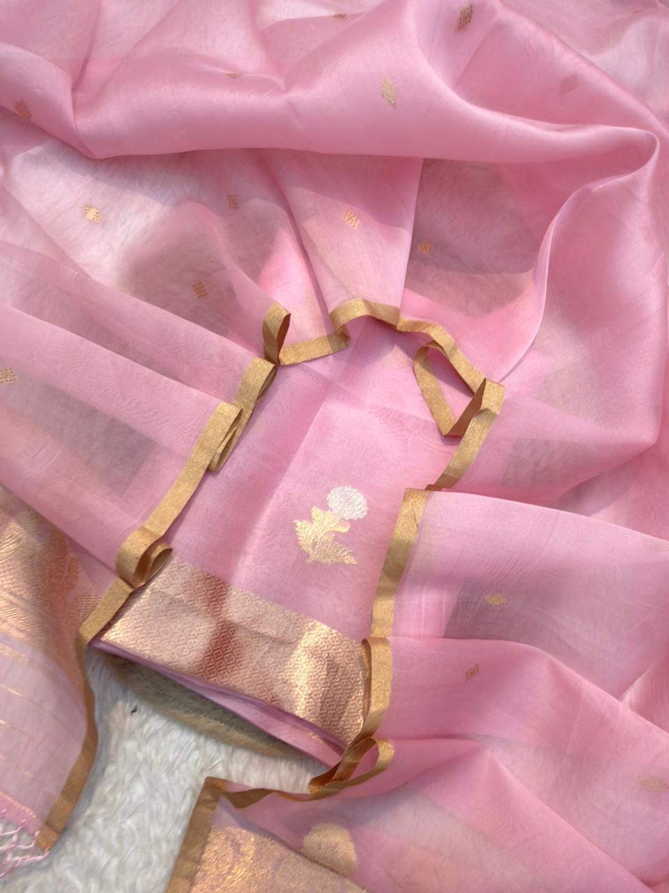 Handwoven Baby Pink Colour Pure Organza Silk Suit Set