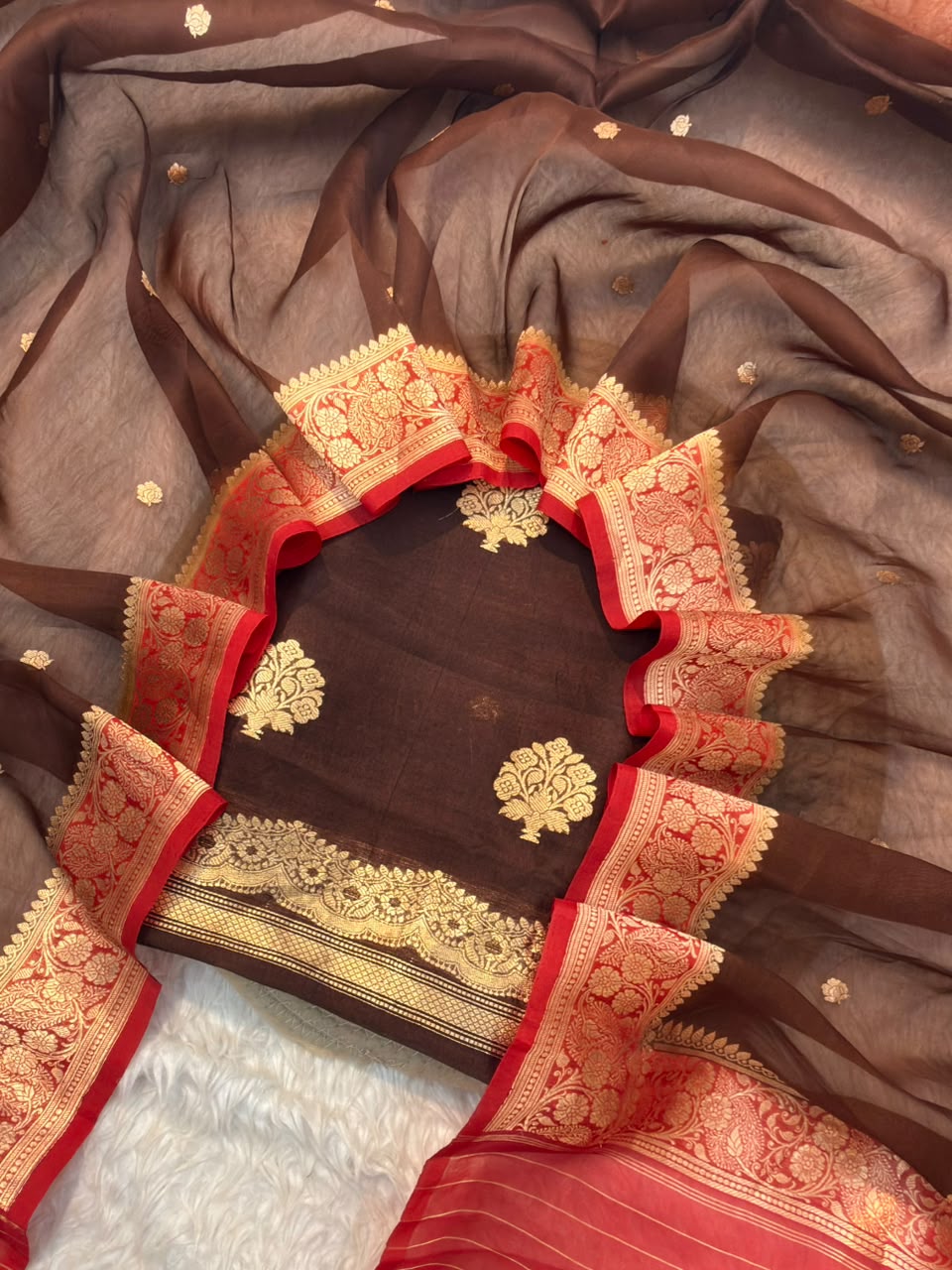 Handwove Chocolate Brown Colour Organza Silk Suit Set